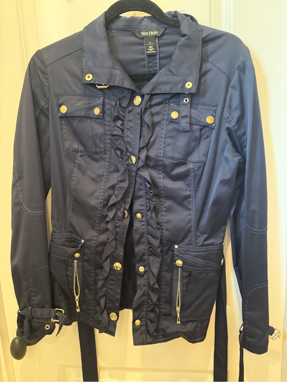 White House Black Market Navy Ruffle-Trim Utility Jacket